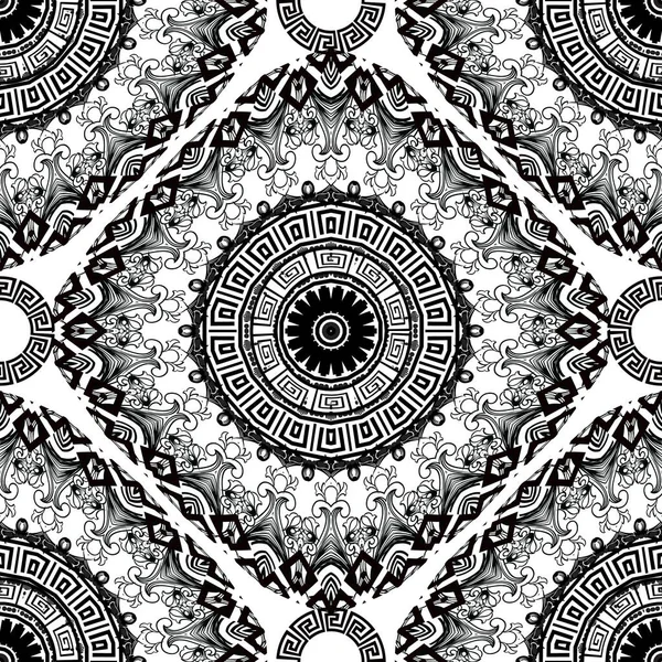 一般的なギリシャ語のマンダラベクトルシームレスパターン。抽象的な花ダマスクの背景。ギリシャ語の鍵は部族の装飾を意味する。ヴィンテージ黒と白の民族模様。幾何学的形状、バロック的要素 — ストックベクタ