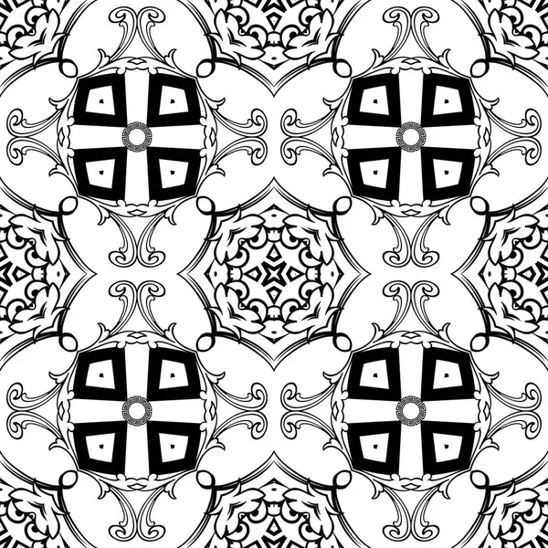 Ozdobné barokní styl řecký vektor bezešvé vzor. Abstraktní květinové pozadí Damask. Řecký klíč meandruje krásnou ozdobu. Klasické černobílé barokní vzory. Geometrické tvary, prvky — Stockový vektor