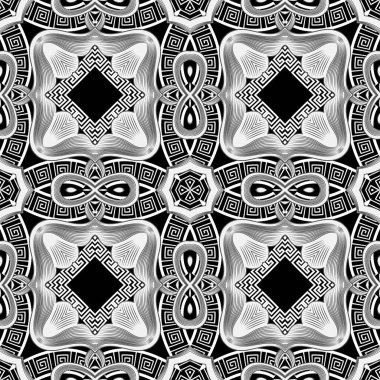 Tribal ethnic seamless pattern. Vector black and white greek background. Repeat flowers backdrop. Modern grunge abstract ornament. Greek key meander. Geometric shapes, lines. Line art textured design