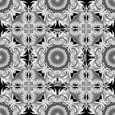 Klasik çiçekli vektör pürüzsüz desen. Yunan süslemeleri. Çizgi sanatları, siyah-beyaz Yunan anahtarlarının süslemesi. Çiçekler, yapraklar, çerçeveler. Modern dekoratif kumaş tasarımı