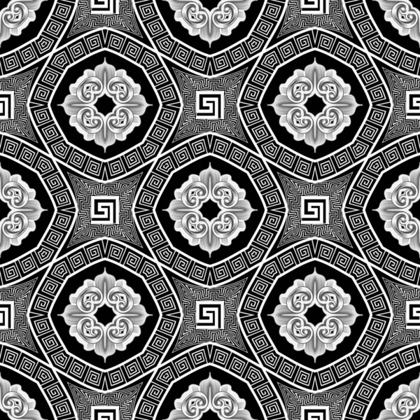 Floral ethnic seamless pattern. Vector black and white greek background. Repeat flowers backdrop. Modern grunge abstract ornament. Greek key meander. Geometric shapes, lines. Line art textured design — Stockový vektor