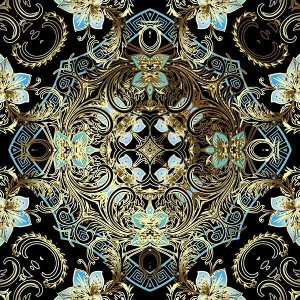 오리발 다마스크는 섬유가 없는 패턴이다. 벡터 빈티지 배경. 파란 꽃을 배경으로 반복 한다. 현대 바로크 양식 의금 장식. 그리스의 키가 길다. 고급 스러운 화려 한 질감. 황금빛 화려 한 설계 — 스톡 벡터