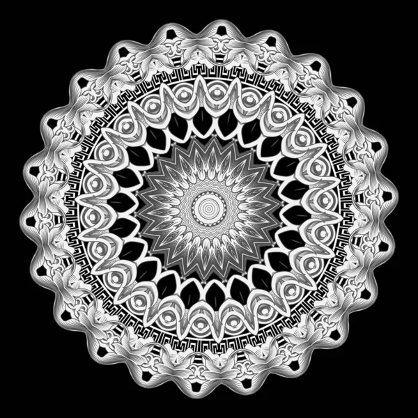 Patrón de mandala de encaje redondo floral vintage. Fondo ornamental griego. Línea de arte tracery blanco y negro griego clave meandros ornamento. Flor. Ilustración vectorial. Diseño decorativo texturizado mandala — Vector de stock