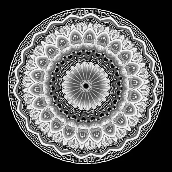 Klasik çiçek desenli mandala deseni. Yunan süslemeleri. Çizgi sanatları, siyah-beyaz Yunan anahtarlarının süslemesi. Çiçek. Vektör çizimi. Dekoratif desenli mandala tasarımı — Stok Vektör