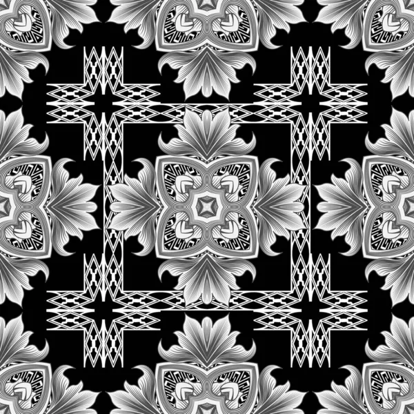 Vintage Blumenvektor nahtloses Muster. Griechischer ornamentaler Hintergrund. Line Art Tracery schwarz und weiß griechischen Schlüssel mäandert Ornament. Blumen, Blätter, Rahmen. Modernes kunstvolles dekoratives Design. Tapete — Stockvektor