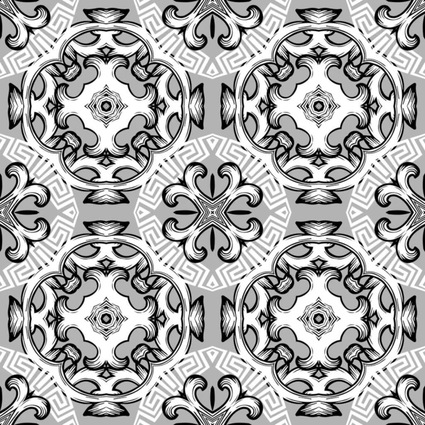 Padrão grego monocromático vetor sem costura. Fundo ornamental floral. Repita o estilo étnico tribal pano de fundo padronizado. Geométrico ornamentado grego chave meandros ornamento com grunge flores, folhas, formas — Vetor de Stock