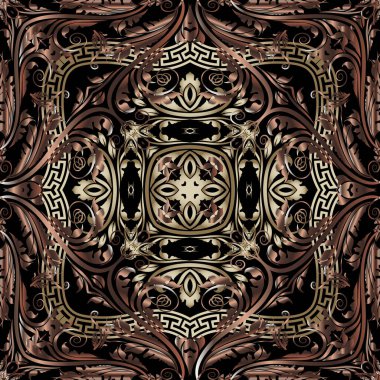 Barok vektör kusursuz desen. Yunan anahtarlarının süsü. Soyut Şam çiçeği arkaplanı. Klasik Viktorya tarzı barok modeller. Yunan çerçeveleri, çiçekler, yapraklar. Lüks yapraklı 3D tasarım