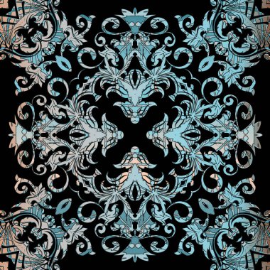 Güzel süslemeli, kusursuz bir Barok deseni. Vektör desenli çiçek arkaplanı. Dokulu Viktorya tarzı barok süslemeler. Dekoratif arka planı tekrarla. Grunge desenli çiçekler, yapraklar