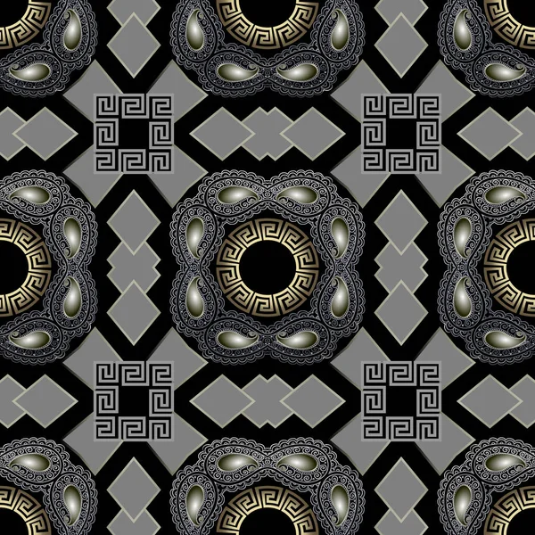 Elegante moderno 3d griego vector patrón sin costuras. Fondo ornamental geométrico. Fondo de repetición floral. Encaje vintage 3d flores Paisley. Simétrico griego clave meandros ornamento. Formas geométricas — Archivo Imágenes Vectoriales