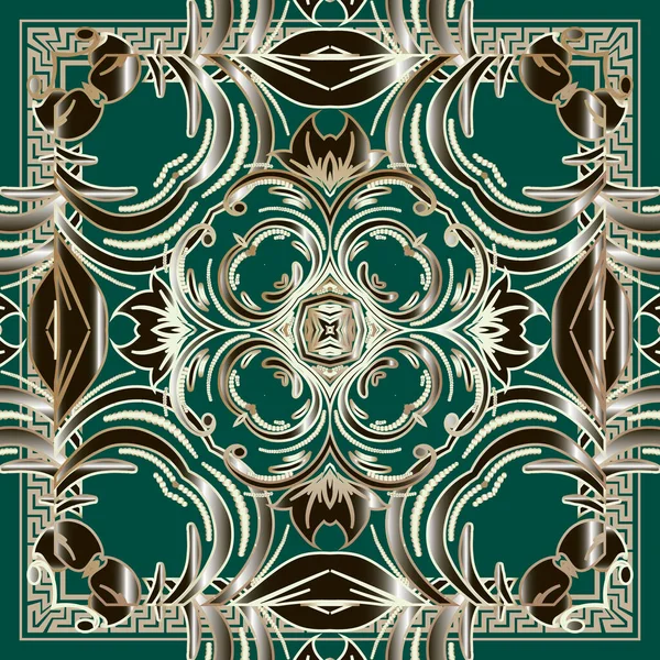 Padrão sem emenda vetor barroco dourado. chave grega meandros ornamento. Abstrato floral Damasco fundo verde. Estilo vitoriano vintage padrões barrocos. Formas geométricas, quadro quadrado, flores, folhas — Vetor de Stock