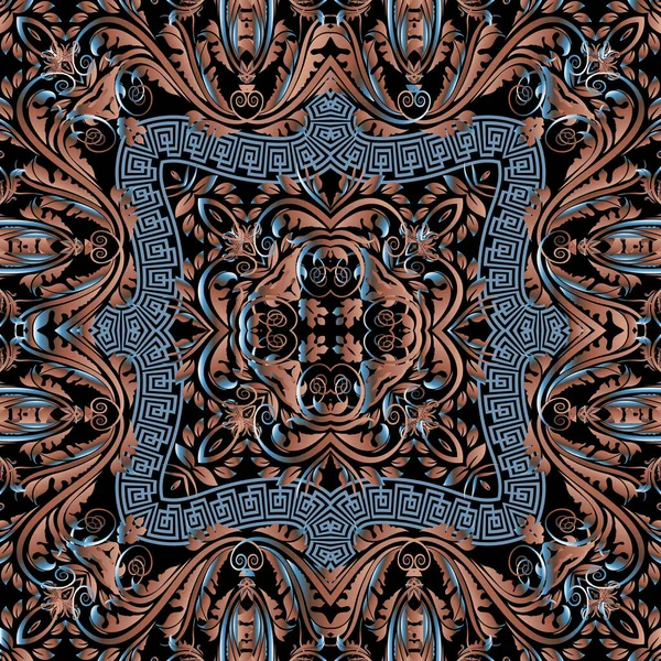 Padrão sem emenda vetor barroco. chave grega meandros ornamento. Fundo Damasco floral abstrato. Estilo vitoriano vintage padrões barrocos. Molduras gregas, flores, folhas. Luxo ornamentado projeto 3d folhosos — Vetor de Stock