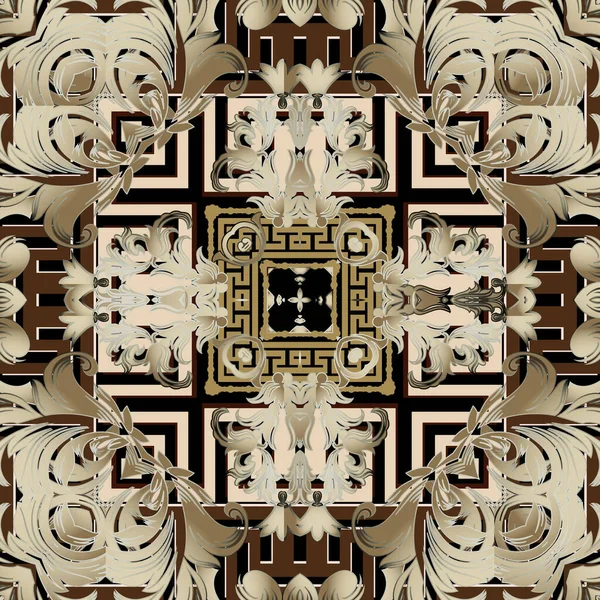 Vector barroco patrón sin costura. Clave griega meandros ornamento. Fondo de damasco floral. Marcos griegos, flores vintage, hojas. Marcos cuadrados, bordes, laberintos. Diseño geométrico de estilo étnico tribal — Archivo Imágenes Vectoriales