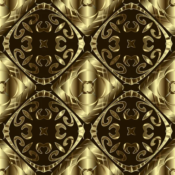 Gold textured floral 3d seamless pattern. Vector ornamental golden background. Surface repeat backdrop. Vintage flowers, leaves. Abstract geometric luxury design. Beautiful gold Baroque ornaments — Stock Vector