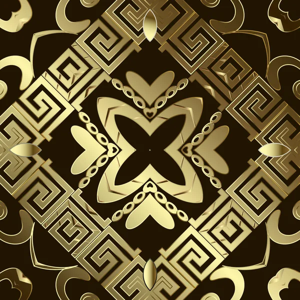 Gold 3d greek vector seamless pattern. Floral Damask background. Greek key meanders ornament. Repeat backdrop. Greek ornamental frames. Golden grunge flowers, leaves. Luxury textured 3d design — Stock Vector