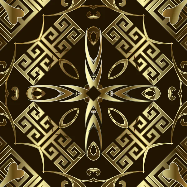 Gold 3d greek vector seamless pattern. Floral Damask background. Greek key meanders ornament. Repeat backdrop. Greek ornamental frames. Golden grunge flowers, leaves. Luxury textured 3d design — Stock Vector