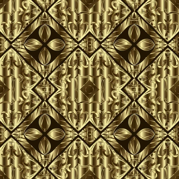 Or texturé motif floral 3d sans couture. Vecteur ornemental fond doré. Surface répétition toile de fond. Fleurs anciennes, feuilles. Design géométrique abstrait de luxe. Beaux ornements arabesques en or — Image vectorielle