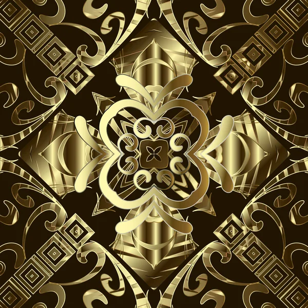 Ouro barroco 3d vetor sem costura padrão. chave grega meandros ornamento. Fundo Floral Damasco. Repita o pano de fundo. Molduras ornamentais gregas. Flores douradas, folhas. Luxo ornamentado texturizado 3d design — Vetor de Stock