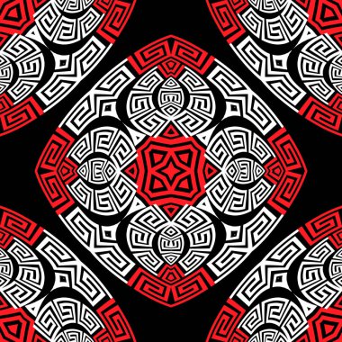 Siyah, beyaz, kırmızı, Yunanlı vektör, kusursuz desen. Süslü geometrik etnik kabile geçmişi. Renkli zarif bir arka plan. Geometrik modern Yunanca anahtar yol yordam süsü. Soyut çiçekler.
