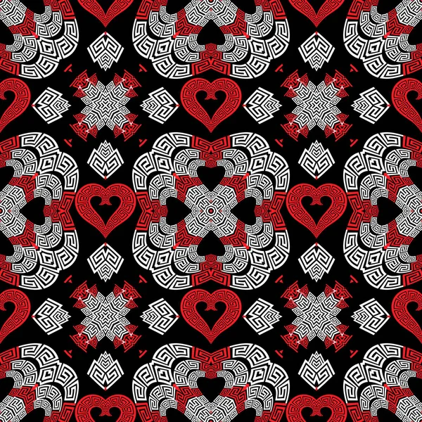 Αγάπη καρδιές ρομαντικό διάνυσμα αδιάλειπτη μοτίβο. Μαύρο λευκό κόκκινο διακοσμητικό ελληνικό στυλ φόντο. Μοντέρνο μοτίβο επαναλαμβανόμενο σκηνικό. Όμορφες αφηρημένες καρδιές αγάπης. Ελληνικό κλειδί μαιάνδρους vintage στολίδια — Διανυσματικό Αρχείο