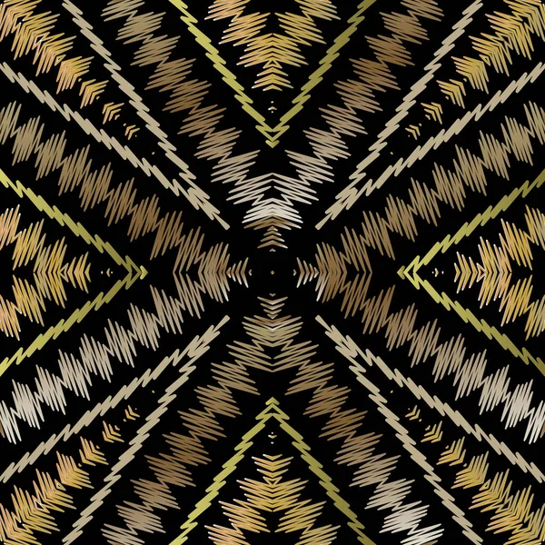 カラフルな縞模様のシームレスなパターンをタペストリー。刺繍装飾ベクトルの背景。民族のグランジジグザグの線、ストライプ。テクスチャ幾何学的なファブリックパターン。パターン化された部族刺繍装飾 — ストックベクタ