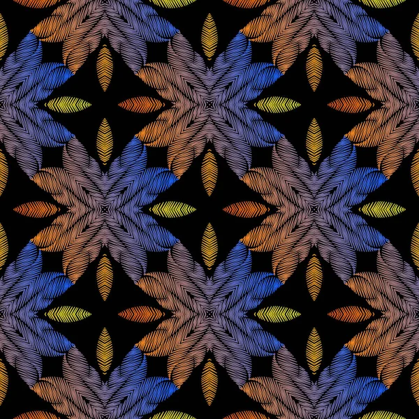 Tapiz patrón inconsútil abstracto colorido. Bordado fondo vectorial ornamental. Grunge étnico flores abstractas, formas. Patrón de tejido geométrico texturizado. ornamento bordado tribal estampado — Vector de stock