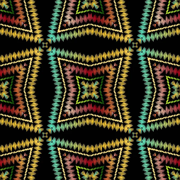 Tapiz patrón inconsútil abstracto colorido. Bordado fondo vectorial ornamental. Grunge formas abstractas étnicas, rayas. Patrón de tejido geométrico texturizado. ornamento bordado tribal estampado — Archivo Imágenes Vectoriales