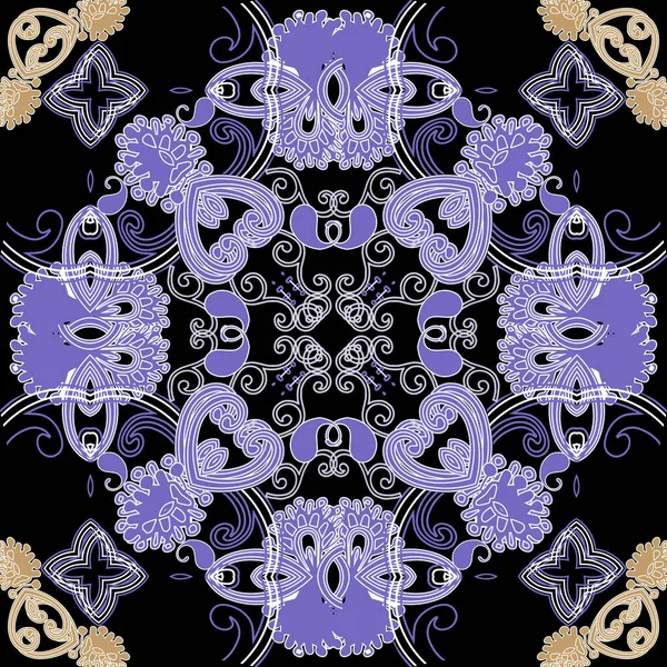 Sierbloemen Paisley vector naadloos patroon. Etnische achtergrond. Herhaal de achtergrond. Elegantie bloeien ornamenten. Bloemen abstract ontwerp. Vintage violette paisley bloemen, bladeren, vormen — Stockvector