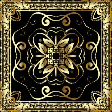 Klasik çiçek desenli Yunan vektörü. Yunan anahtarlarının süsü. Damask güzel bir arka plan. Klasik altın rengi barok desenler. Kare çerçeve, çiçekler, yapraklar. Süslü, zarif tasarım..
