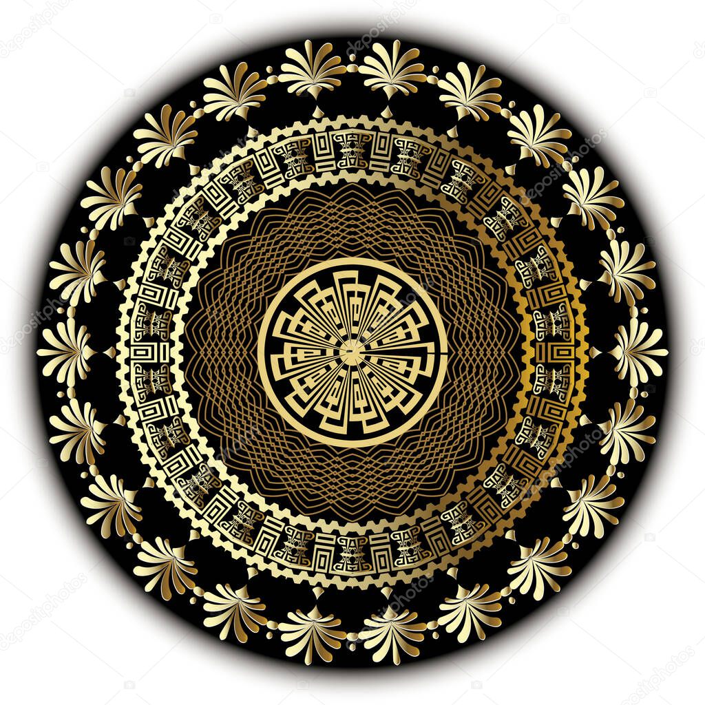 Round floral greek vector mandala pattern. Ethnic ornamental background. Circle elegant beautiful gold ornament. Greek key meanders, flowers, geometric shapes, frames. Ornate lace mandala design.
