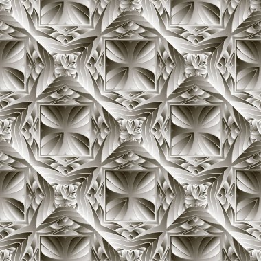 Çiçek desenli 3D vektör pürüzsüz desen. Tek renkli süslemeli yüzey arkaplanı. Modern zarif arka plan. Güzel süsler, soyut çiçekler, yapraklar, kareler, geometrik şekiller...