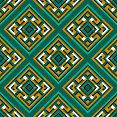 Yunan vektörü kusursuz desen. Süslü geometrik etnik kabile tarzı arka plan. Renkli soyut yeşil fon. Geometrik modern Yunan anahtarı halk süsü. Rhombus, çerçeveler, şekiller