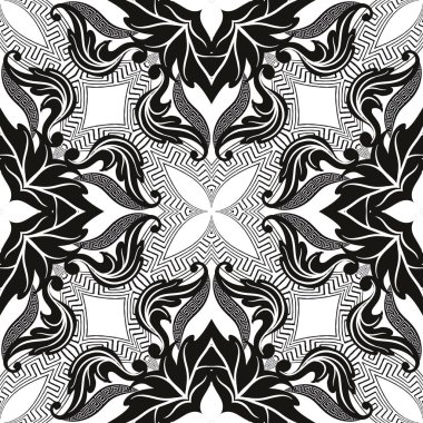 Vintage vektör pürüzsüz desen. Çiçeksel süs Yunan geçmişi. Geometrik tekrar arkaplanı. Modern Yunan anahtarlı asma kilit süsü. Barok tarzı çiçekler, yapraklar. Siyah ve beyaz zarif dekorasyon.
