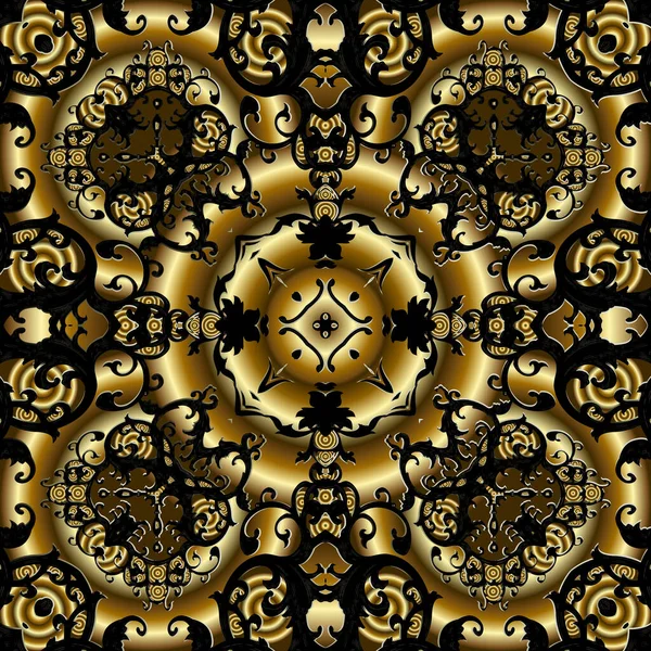 Hermoso oro ornamental barroco 3d patrón sin costuras. Fondo floral estampado vectorial. Texturizado vintage estilo barroco victoriano ornamentos. Repite decorativo telón de fondo real. Flores doradas, hojas — Archivo Imágenes Vectoriales