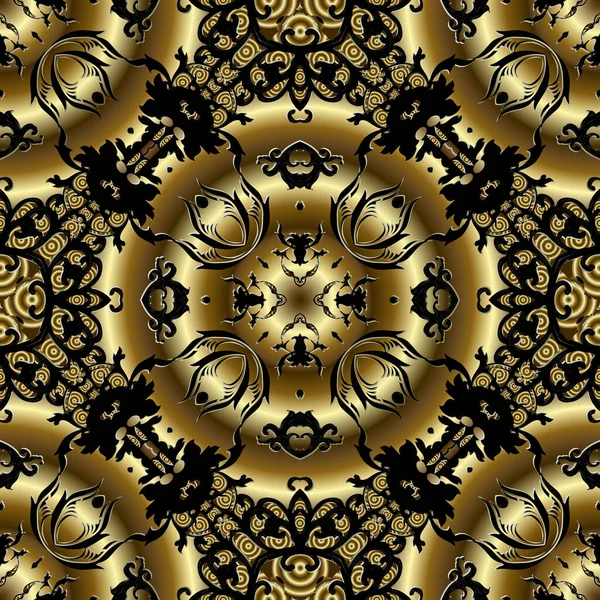 Krásné ornamentální zlato Barokní 3D bezešvé vzor. Vektor vzoroval květinové pozadí. Strukturované starobylé viktoriánské barokní ozdoby. Opakovat dekorativní královské pozadí. Zlaté květy, listy — Stockový vektor