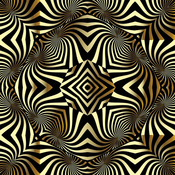 Абстрактное геометрическое золото 3d векторный бесшовный рисунок. Роскошный декоративный фон поверхности. Современный повторяющийся узорный фон. Абстрактные радиальные формы, линии. Красивые золотые украшения. Модный дизайн — стоковый вектор