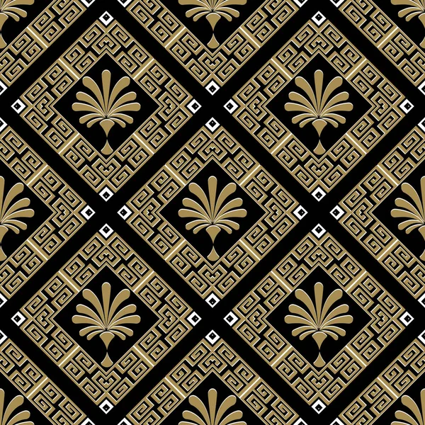 Grieks bloemen vector naadloos patroon. Decoratieve geometrische etnische stamstijl achtergrond. Kleurrijke abstracte achtergrond. Moderne Griekse sleutel meandert ornament met ruit frames, vormen, kamille bloemen — Stockvector