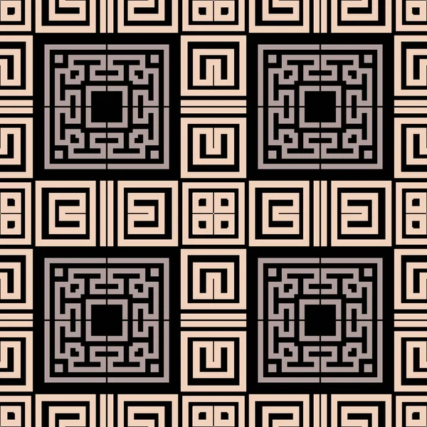 Nahtloses Muster aus ethnischen Schottenmustern. Griechischer Stil abstrakte karierte Hintergrund. Moderner geometrischer Hintergrund, der sich wiederholt. Griechisches Schlüsselmäanderornament. Symmetrisches kunstvolles Design mit Labyrinthe, Formen, Rahmen — Stockvektor