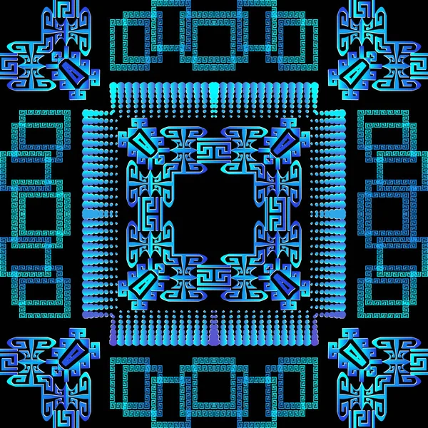 Tribal ethnique vecteur 3d modèle sans couture. Style grec fond abstrait. Répétition moderne fond géométrique. Clé grecque méandre ornement. Design bleu avec labyrinthes, formes, cadres, bordures, points — Image vectorielle