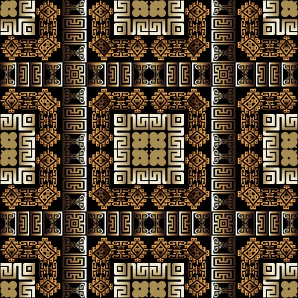 Plaid 3d greek vector seamless pattern. Ornamental geometric ethnic tartan background. Gold abstract checkered backdrop. Geometric modern ornate greek key meander tribal ornaments. Ornate design — Stock Vector