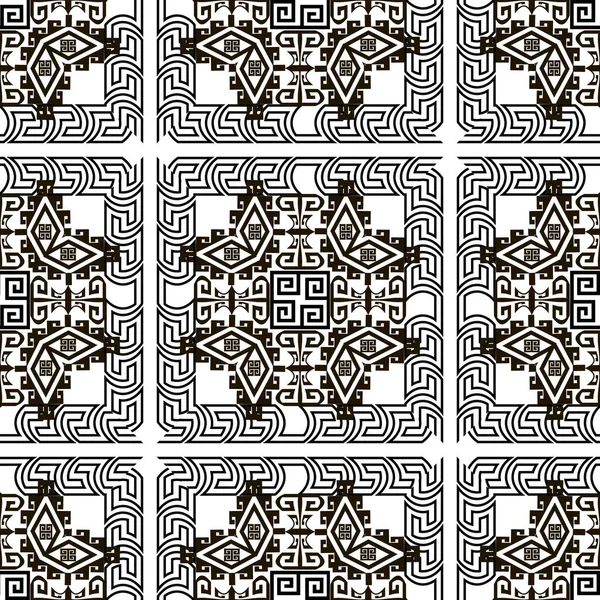 Geométrica tribal griego vector patrón sin costura. Fondo ornamental étnico abstracto. Repita el telón de fondo moderno. Antiguo adorno de meandro llave griega vintage. Diseño de formas abstractas ornamentadas monocromáticas — Vector de stock