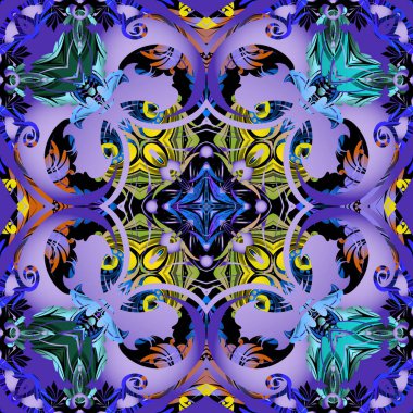 Renkli soyut çiçekli, dikişsiz desen. Parlak arka plan vektör süslemesi. Modern tekrar arkaplanı. Güzel çiçekler, yapraklar. Simetrik zarafet süslemeleri. Sonsuz doku. Gradyan tasarım.