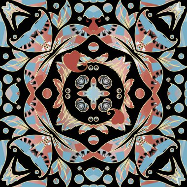 Çiçeksel etnik tarz, kusursuz desen. Renkli desenli desenli çiçekli arka plan. Soyut tekrarlanan dekoratif arkaplan. Geometrik şekiller, daireler, çiçekler, yapraklar. Süslemeli tasarım.