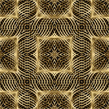 Altın 3d desenli vektör pürüzsüz desen. Karmaşık çizgiler yüzey arkaplanı. Modern altın arkaplanı tekrar et. Çizgi çizgisi, iz sürme, geometrik süslemeler. Lüks soyut tasarım. Sonsuz doku.