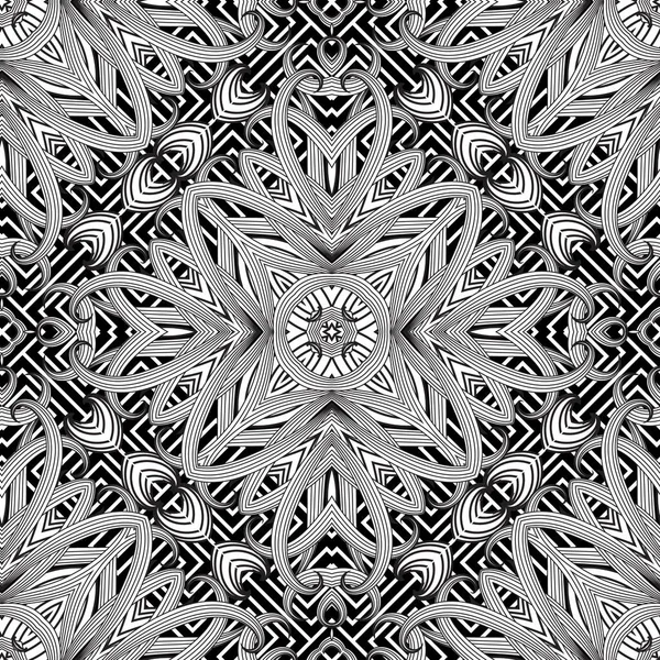 希腊植物复杂的无缝图案 矢量抽象的黑白背景 线条画龙点睛手绘花 条纹叶 曼德勒 希腊的主要装饰品 网格重复背景 — 图库矢量图片