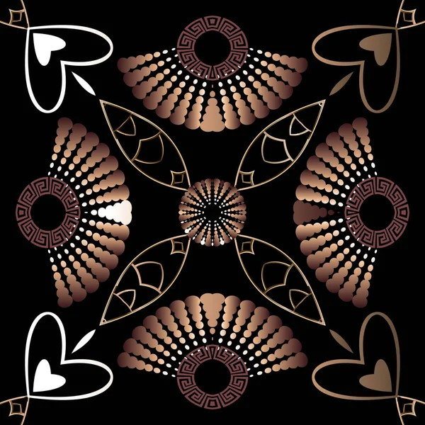 Çiçekli Yunanlı vektör kusursuz desen. Şebeke, çiçekler, yarım ton, daireler, Yunanca anahtar, mandalalar, şekiller, çizgiler ile soyut geometrik parlama arka planı. Aşk kalpleri. Modern süslemeleri süsle.