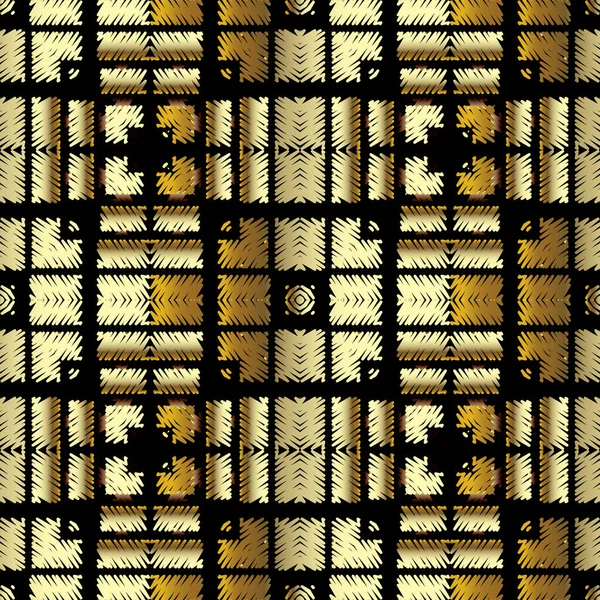 Tapisserie texturée en or tartan motif 3d sans couture. Ornement grunge fond géométrique. Répéter broderie plaid toile de fond. Ornements brodés abstraits modernes avec carrés éclos, formes, lignes — Image vectorielle