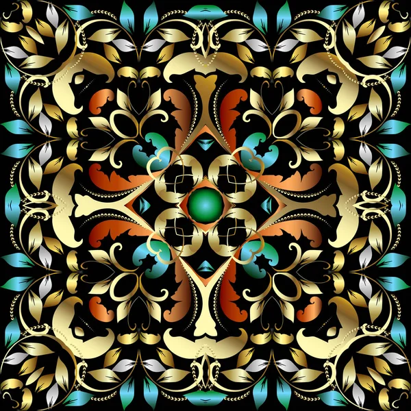 Padrão sem costura floral colorido 3d. Belo estilo barroco fundo ornamental. Repita o pano de fundo do Damask. Vintage elegância flores douradas, folhas, pontos, pontos. Jóias ornamentadas ornamentos renascentistas — Vetor de Stock