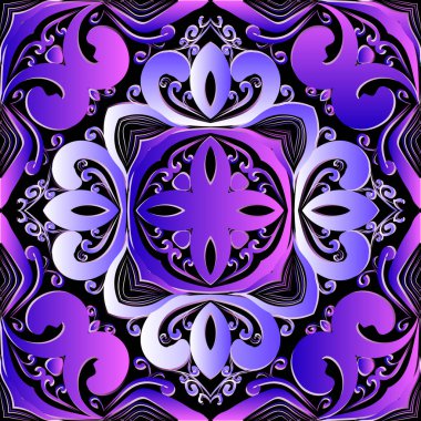 Renkli Damask çiçek desenli 3 boyutlu kusursuz desen. Süslü, parlak bir arka plan. Lüks arka planı tekrar edin. Dekoratif, güzel Barok tarzı süsler. Klasik menekşe çiçekleri, yapraklar. Dekorasyon tasarımı