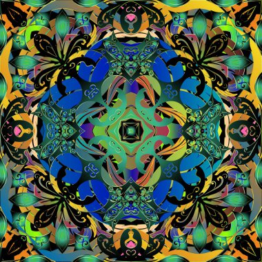 Renkli, soyut, dikişsiz desen. Süslü, parlak bir arka plan. Çiçekli arka plan tekrarlanıyor. Dekoratif güzel fantezi süsler. Klasik çiçekler, yapraklar. Yazdırma için dekorasyon