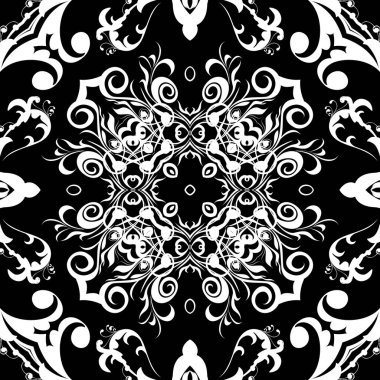 Siyah ve beyaz, kusursuz Barok deseni. Tek renkli süslemeli çiçek arkaplanı. Damask arkaplanını tekrar edin. Klasik çiçekler, yapraklar, girdap çizgileri. Viktorya dönemi barok tarzı süs. Dekorasyon tasarımı